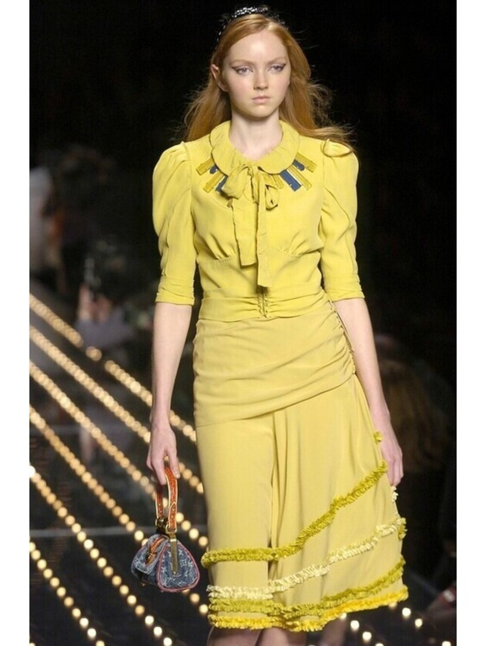 Vintage 2005 Louis Vuitton Yellow Cropped Silk Blouse Bow Zipper FR-38